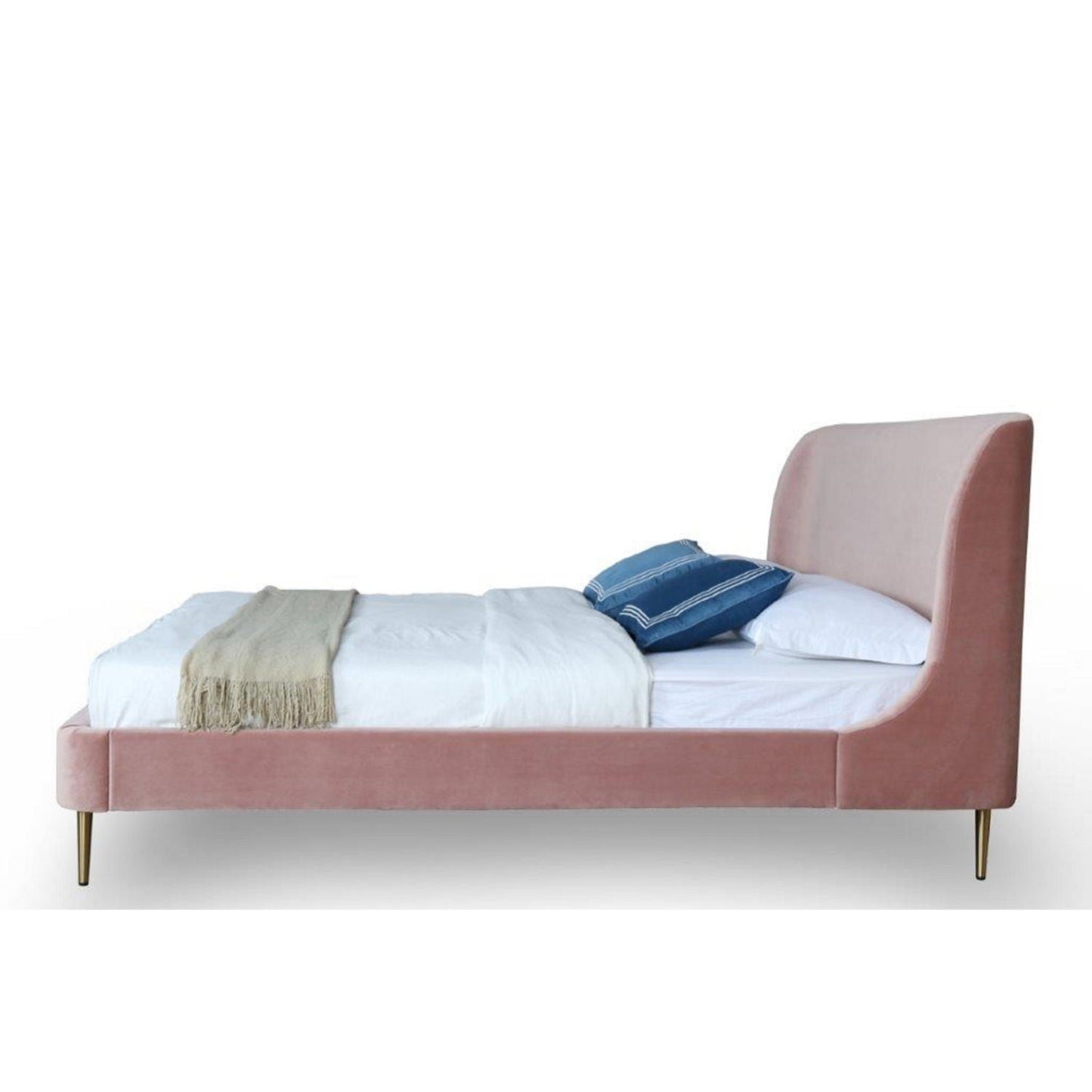 Heather Upholstered Bed with Curved Headboard in blush pink velvet by HouseOfZazla with gold legs on Tampa Home & Garden Store