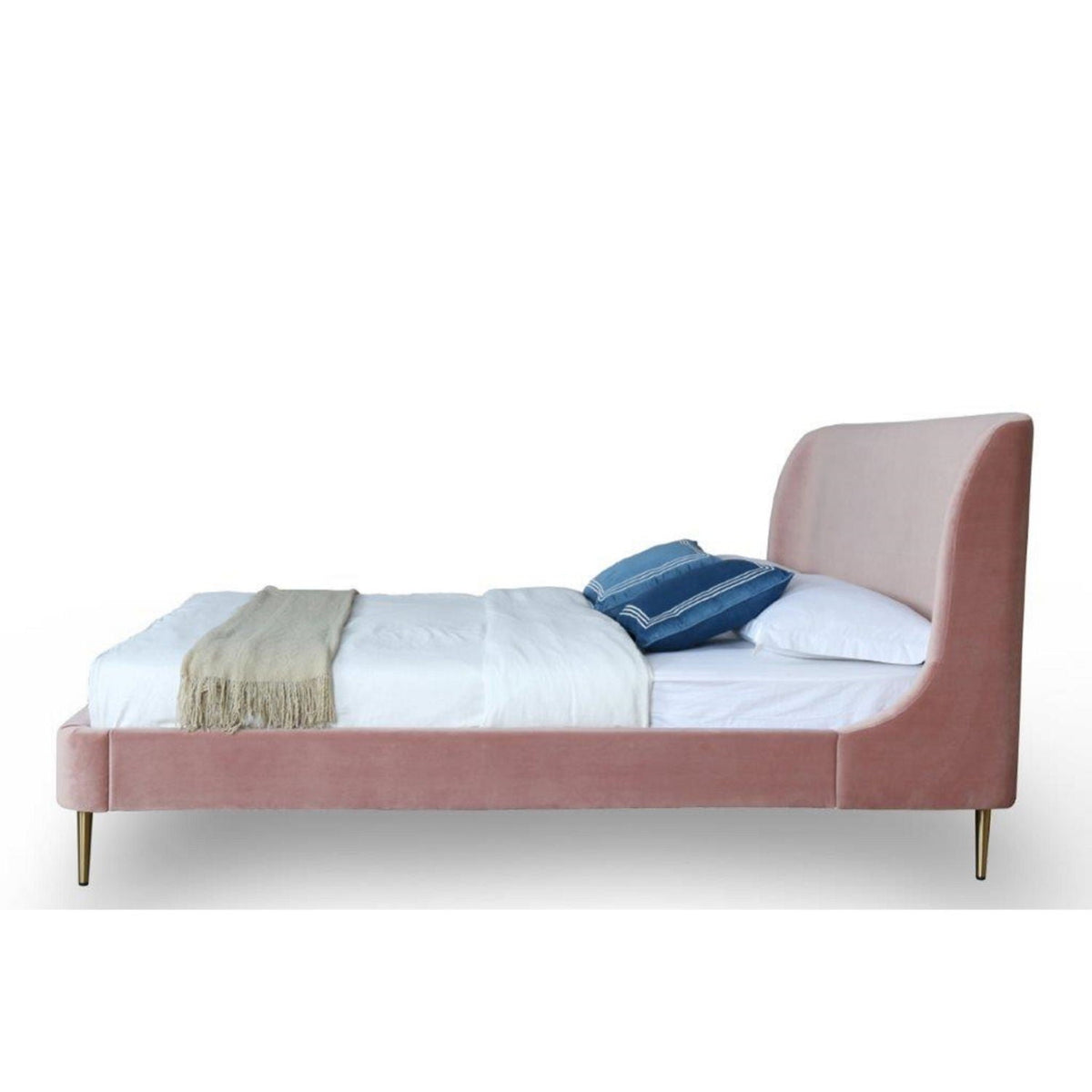 Heather Upholstered Bed with Curved Headboard in blush pink velvet by HouseOfZazla with gold legs on Tampa Home & Garden Store