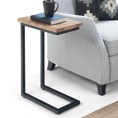 Skyler C Side Handcrafted Table, wood top with black metal frame beside a gray sofa on Tampa Home & Garden Store