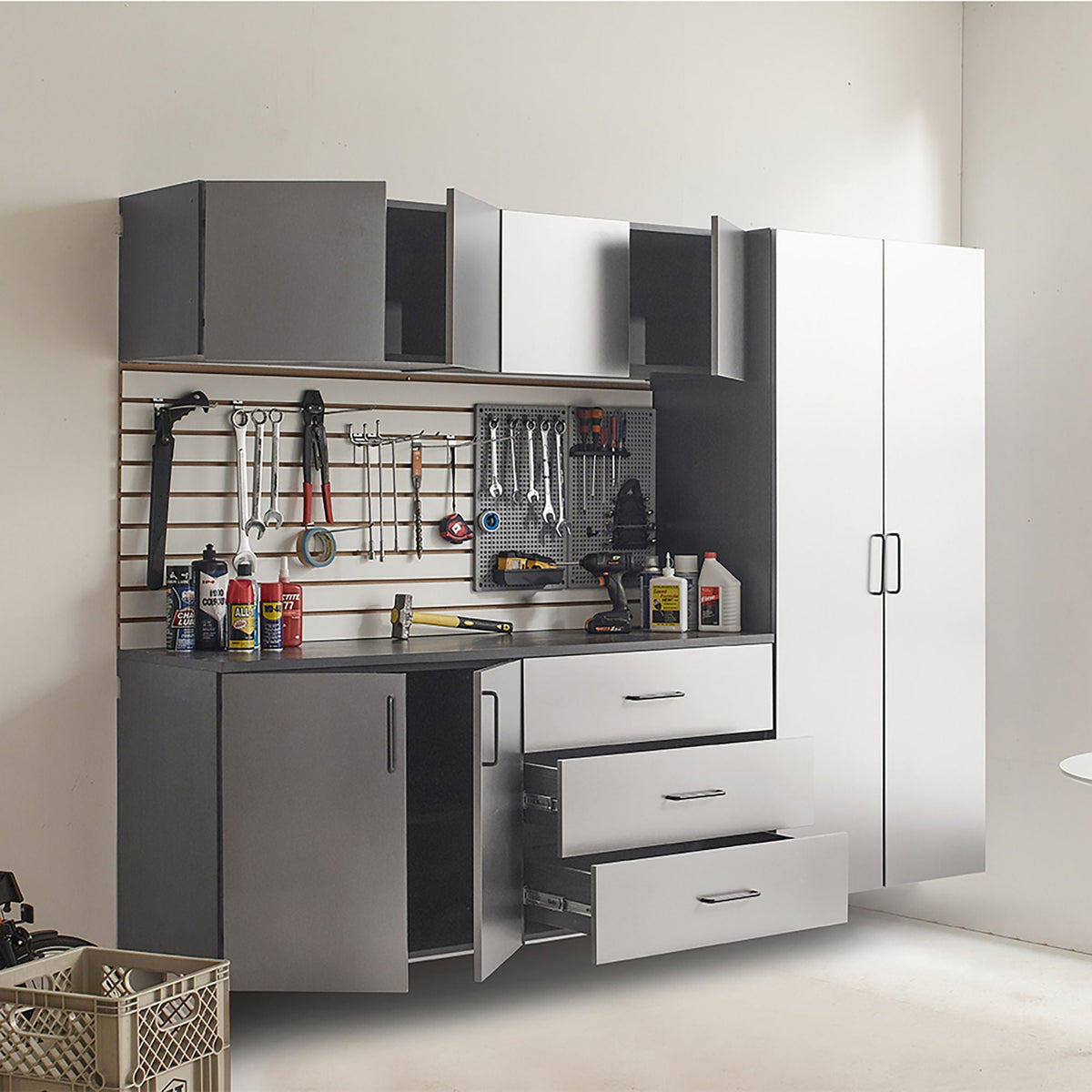 Metallic gray garage cabinet set with soft closing drawers by HouseOfZazla on Tampa Home & Garden Store