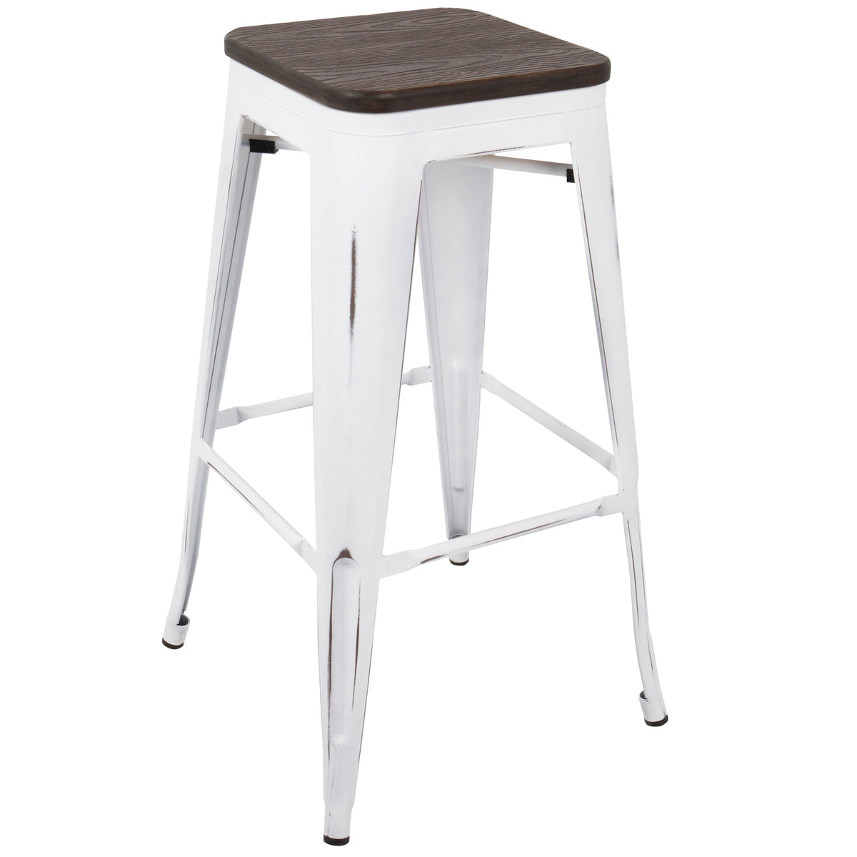 Barstool set of 2, contemporary style with dark wood seat and white metal frame, stackable on Tampa Home & Garden Store