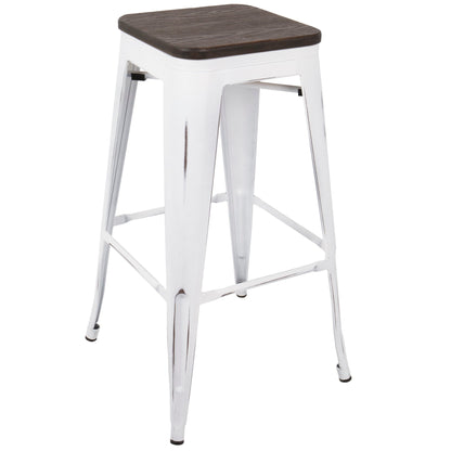 Barstool set of 2, contemporary style with dark wood seat and white metal frame, stackable on Tampa Home & Garden Store