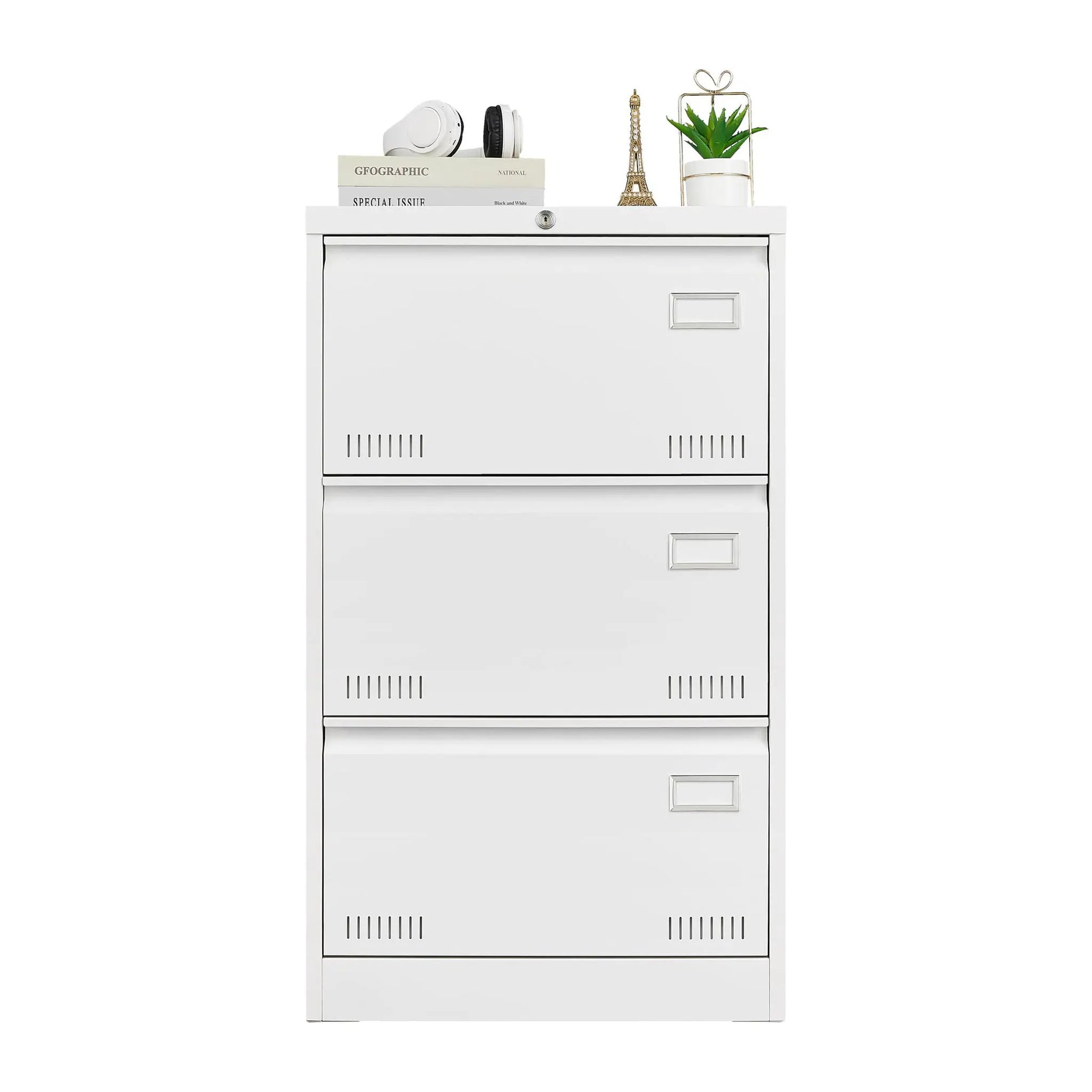 Filing cabinet lateral 3-drawer locking metal file cabinet in white with top decor items on Tampa Home & Garden Store