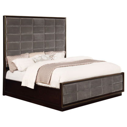 Drea Panel Bed by HouseOfZazla with dark wood frame and tufted gray upholstered headboard on Tampa Home & Garden Store