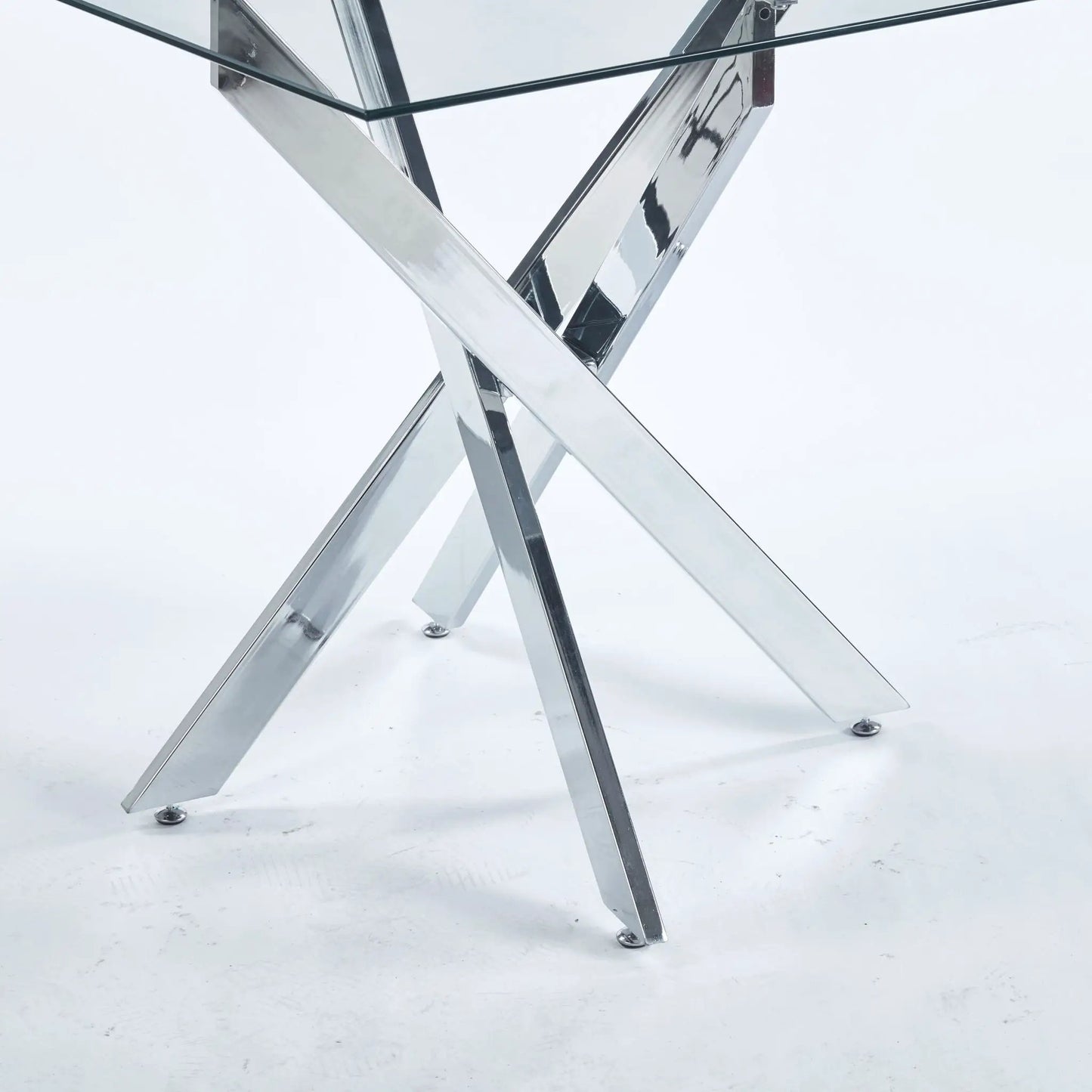Dining table with cross metal legs and tempered glass square top on Tampa Home & Garden Store