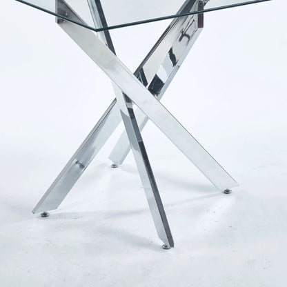 Dining table with cross metal legs and tempered glass square top on Tampa Home & Garden Store
