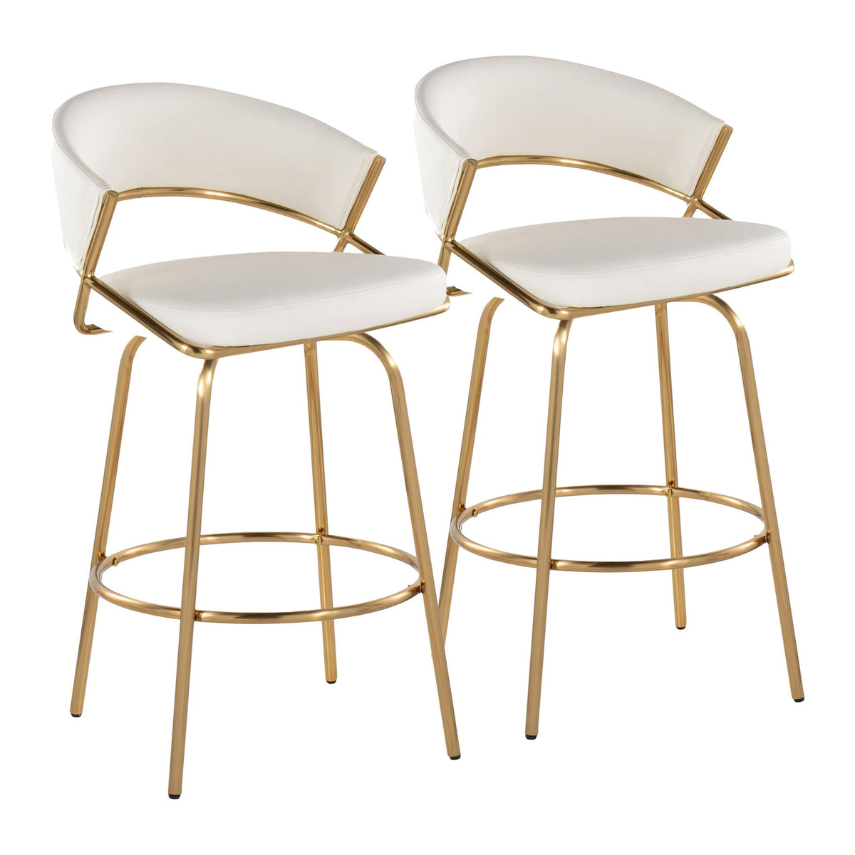Glam Fixed Height Counter Stool with Swivel, Set of 2 in white upholstery with gold metal frame on Tampa Home & Garden Store