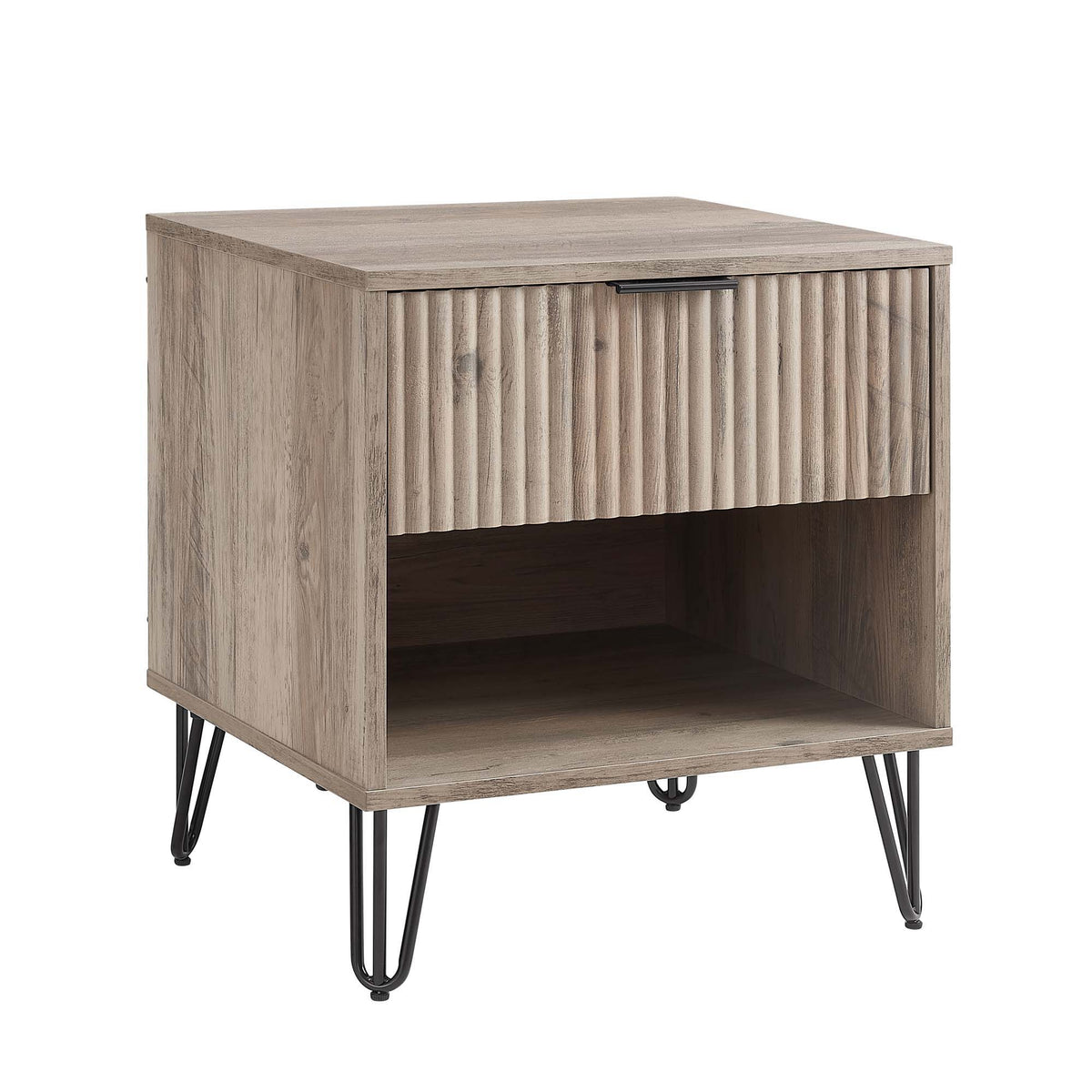 Modern nightstand with fluted drawer, light wood, black metal handle and hairpin legs on Tampa Home & Garden Store