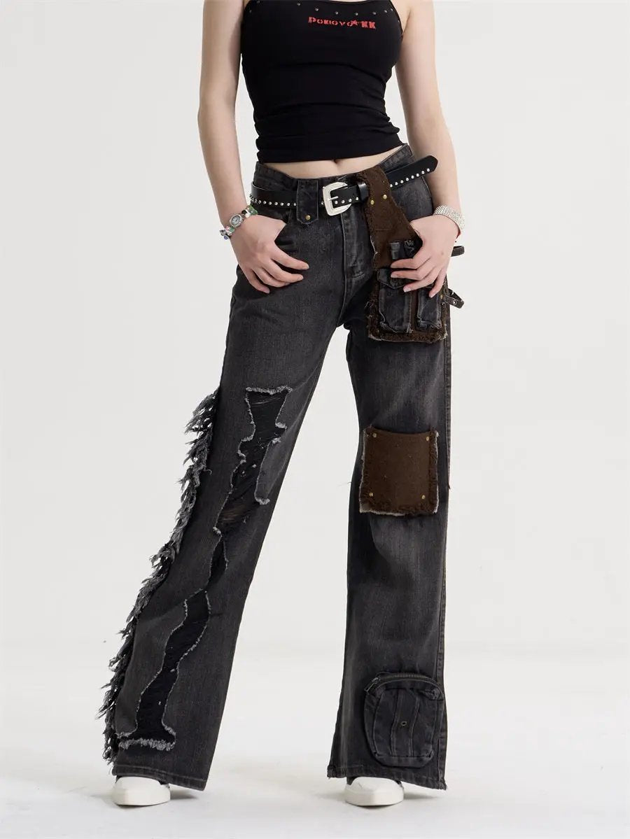 Women's American-style Retro Tassel Patch Stitching Jeans by FLIPSTYLEZLLC; patched denim on Tampa Home & Garden Store