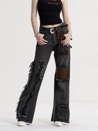 Women's American-style Retro Tassel Patch Stitching Jeans by FLIPSTYLEZLLC; patched denim on Tampa Home & Garden Store