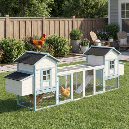 Large wooden chicken coop with double nesting boxes, white blue trim, HouseOfZazla hutches on Tampa Home & Garden Store