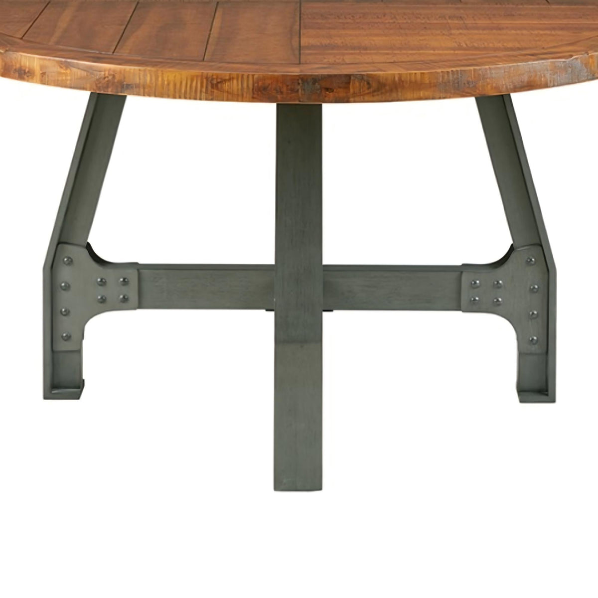 Round walnut dining table with adjustable height and dark metal legs on Tampa Home & Garden Store