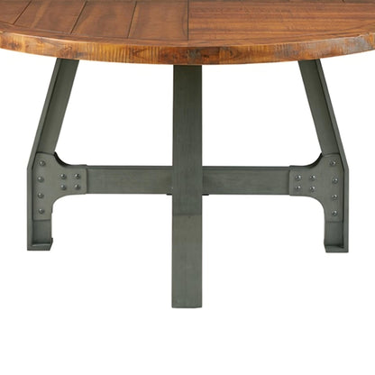 Round walnut dining table with adjustable height and dark metal legs on Tampa Home & Garden Store