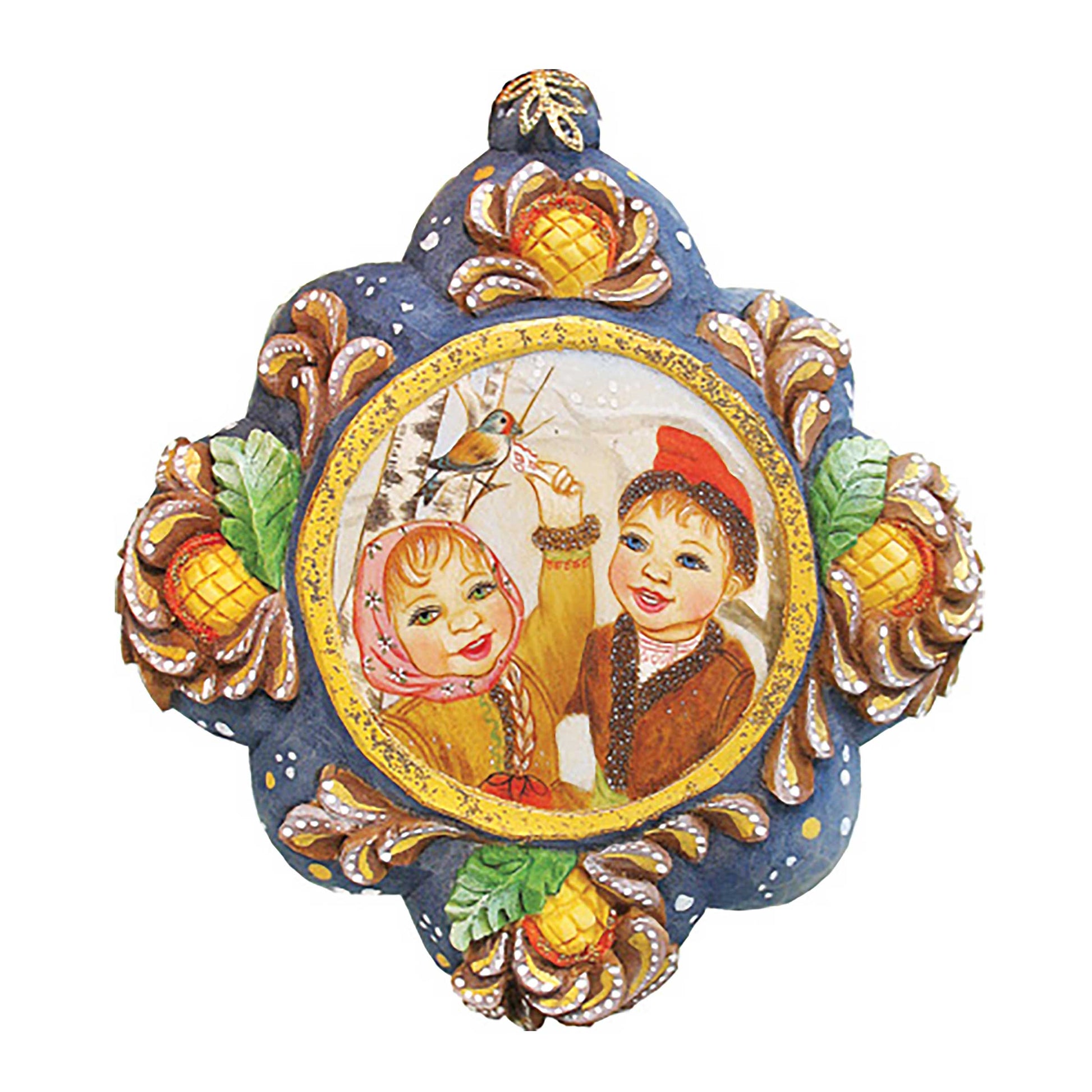 Feeding a Bird sculpted hand-painted Christmas ornament by G. DeBrekht, blue frame with gold trim and painted child portraits on festive arch on Tampa Home & Garden Store