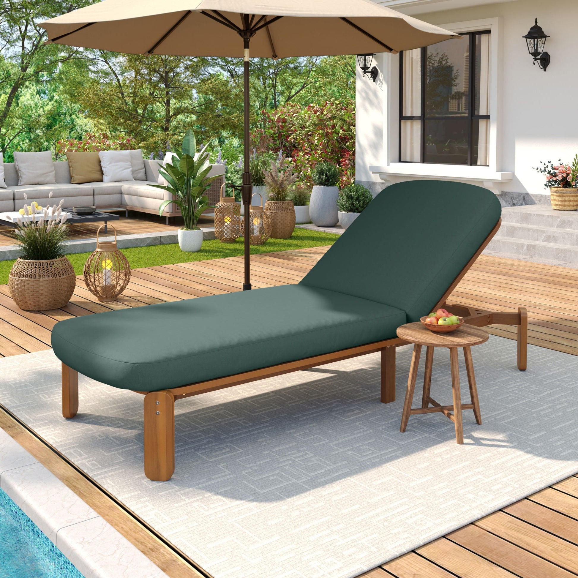 Outdoor chaise lounge with adjustable backrest by HouseOfZazla, green cushion on wooden deck on Tampa Home & Garden Store