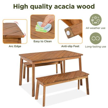 Go 3-Piece Acacia Wood Table and Two Benches Set by HouseOfZazla, natural brown finish on Tampa Home & Garden Store
