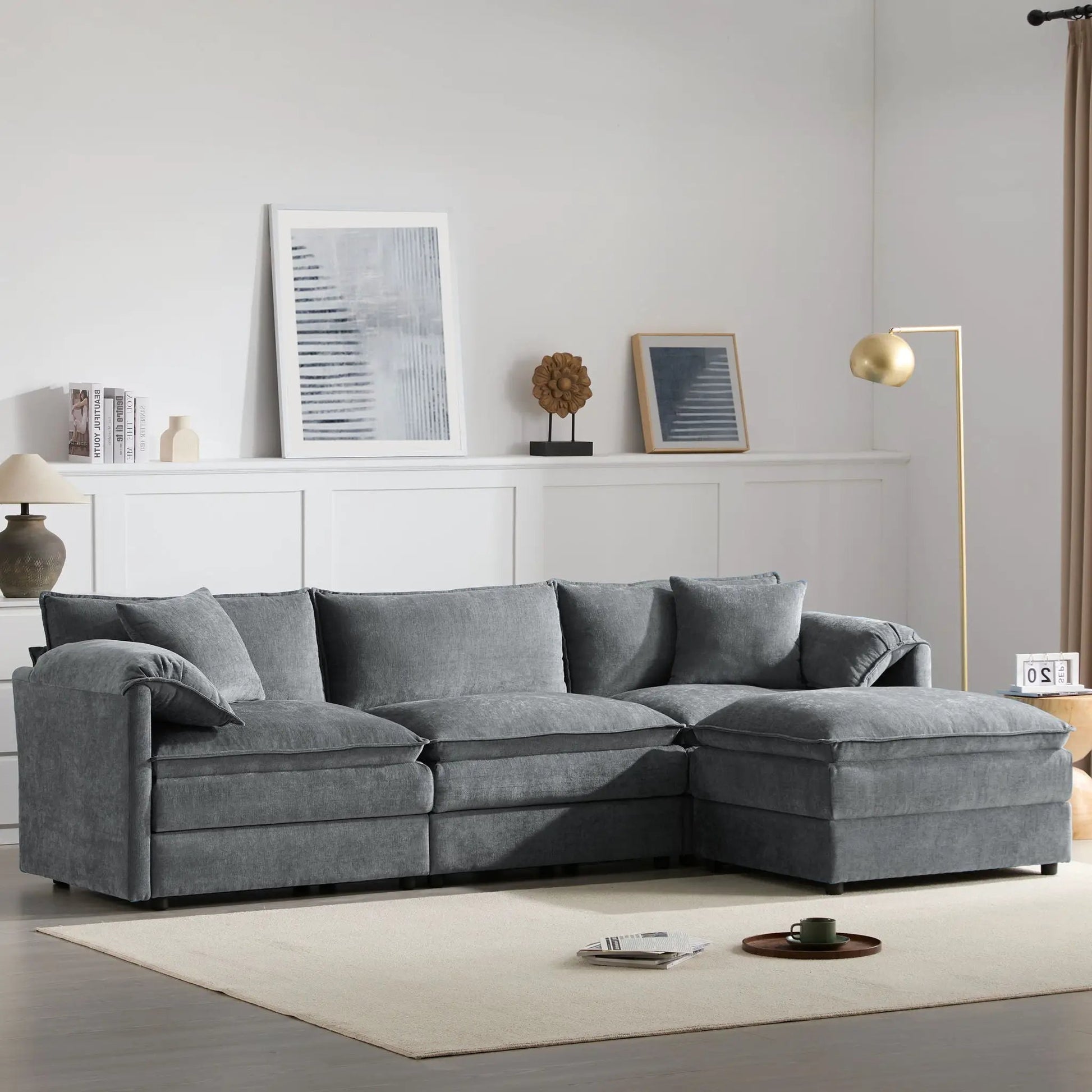 Modular cloud couch sectional grey fabric with deep seats, 2-piece set with movable ottoman on Tampa Home & Garden Store