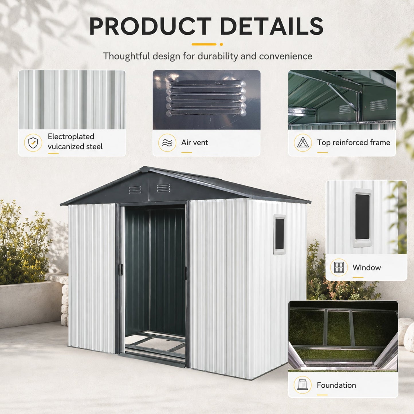 8ft x 4ft outdoor metal storage shed HouseOfZazla with window, light grey panels and dark roof on Tampa Home & Garden Store