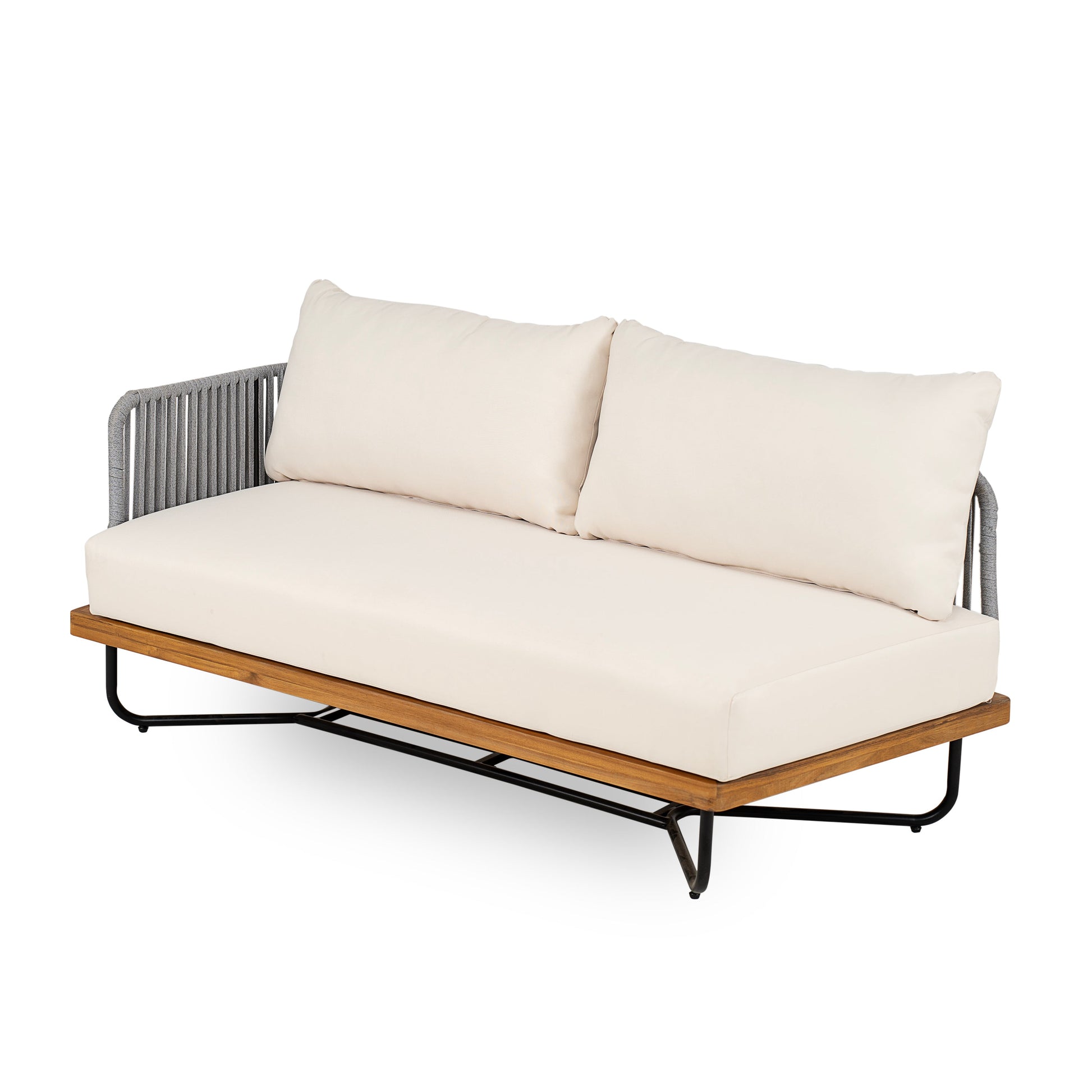 Lucca Outdoor 6 Seater Acacia Wood and Rope Woven Patio Conversation Set with beige cushions on Tampa Home & Garden Store
