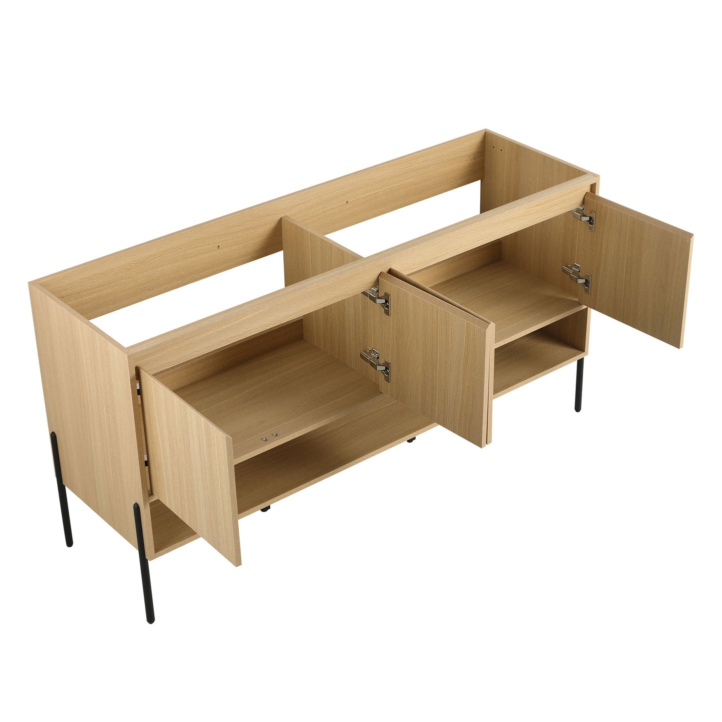Modern bathroom vanity base in light oak wood with open shelves and drawers with black legs on Tampa Home & Garden Store