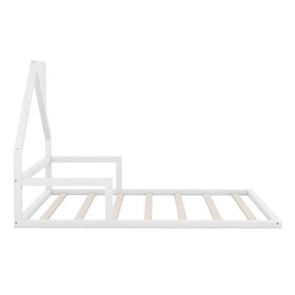 Elegant floor bed with house-shaped headboard, HouseOfZazla platform bed frame with slatted base on Tampa Home & Garden Store