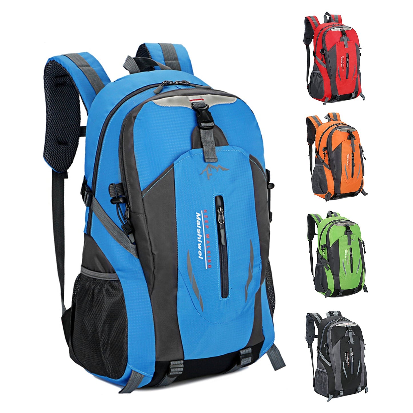 GemGear 36L waterproof hiking backpack blue with grey panels padded straps and mesh pockets on Tampa Home & Garden Store