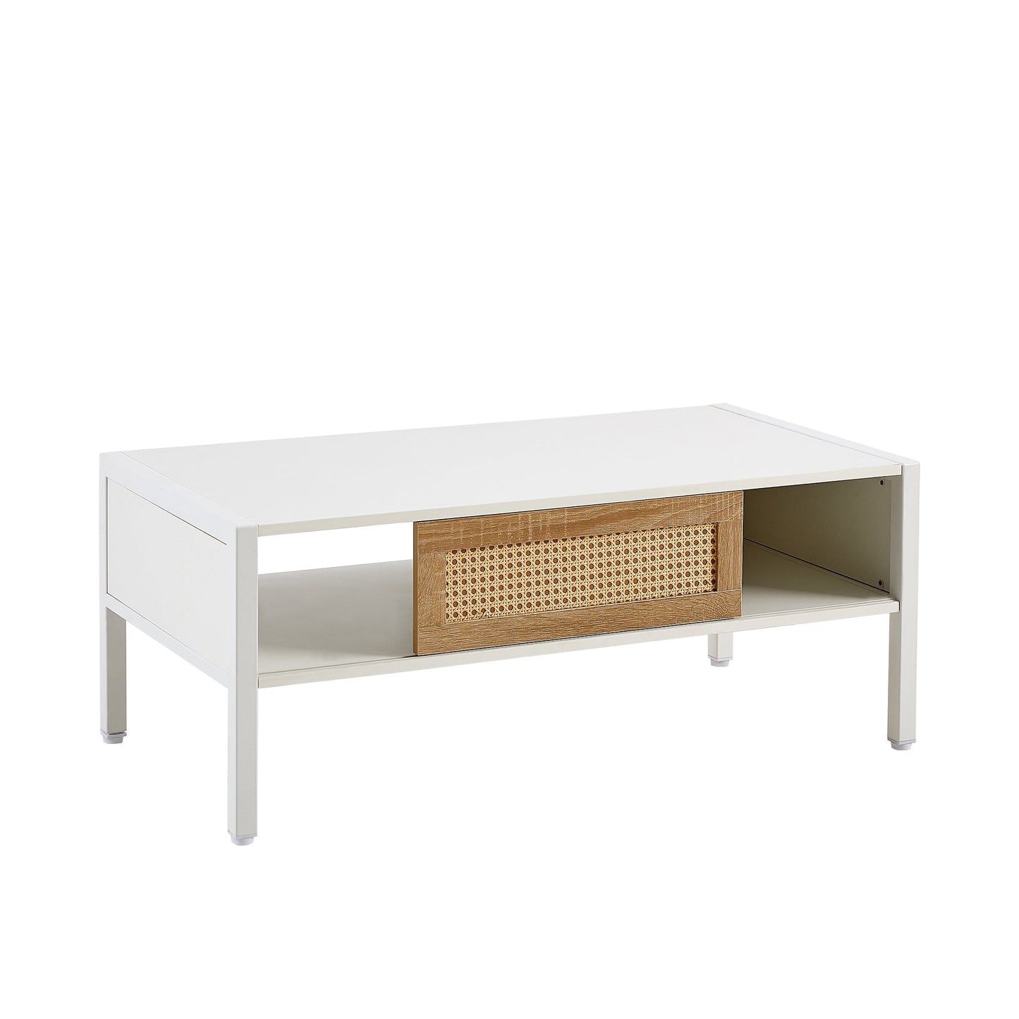 Modern Rattan Coffee Table with Sliding Door, white frame, woven panel, HouseOfZazla on Tampa Home & Garden Store