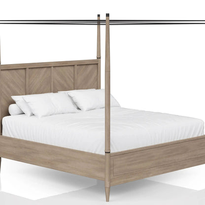 Transitional Styling Canopy Bed in light oak with four posts and black canopy rails on Tampa Home & Garden Store