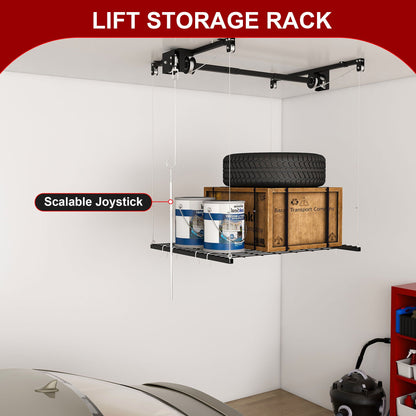 Overhead Garage Storage Rack with Crank System Black ceiling mount for tire and cans on Tampa Home & Garden Store