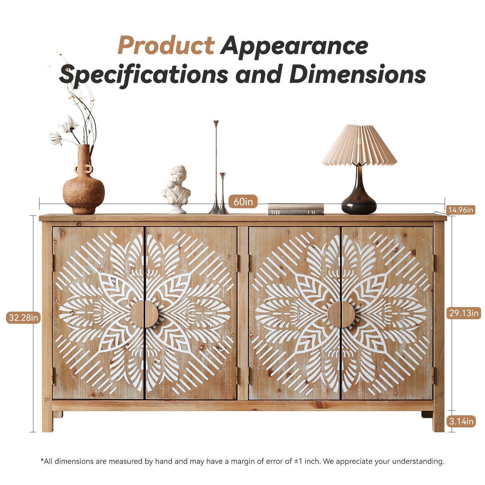 60in Wood Accent Cabinet with 4 Doors brown and antique white, white leaf pattern on doors on Tampa Home & Garden Store