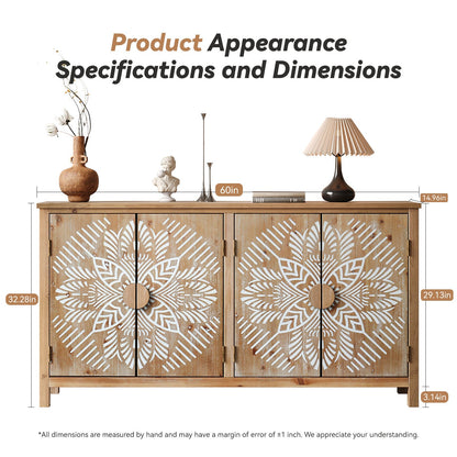 60in Wood Accent Cabinet with 4 Doors brown and antique white, white leaf pattern on doors on Tampa Home & Garden Store
