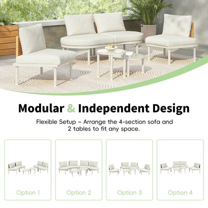 6-piece patio set with white half-moon sectional, 4 cushions, 2 high/low coffee tables on Tampa Home & Garden Store