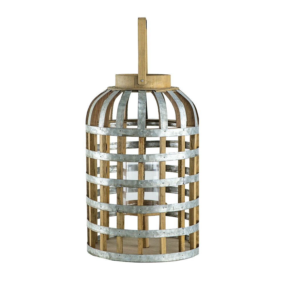 Decorative wooden lantern with galvanized metal bands and a top handle for indoor/outdoor garden decor on Tampa Home & Garden Store