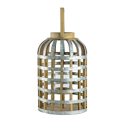 Decorative wooden lantern with galvanized metal bands and a top handle for indoor/outdoor garden decor on Tampa Home & Garden Store