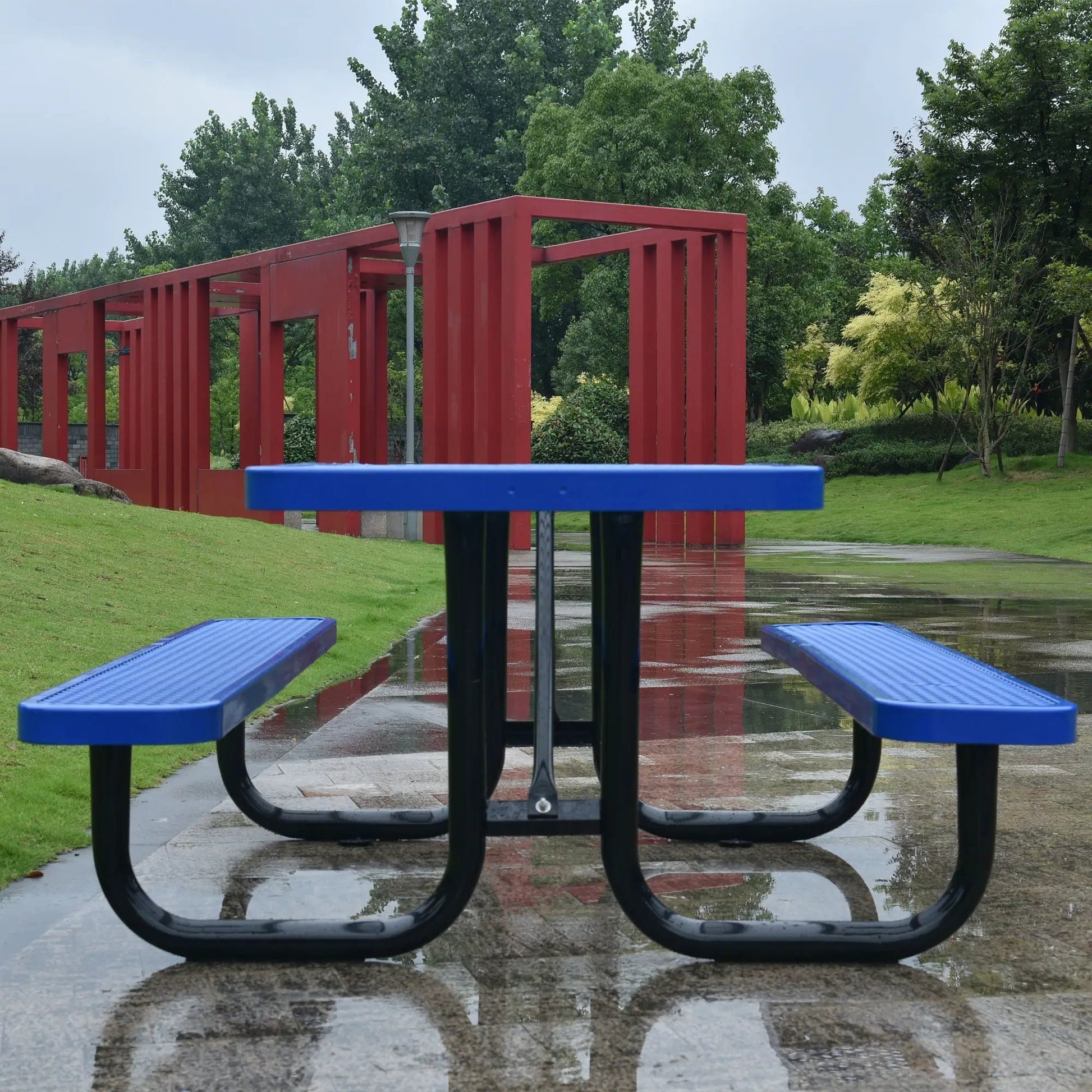 Square outdoor steel picnic table with umbrella pole red frame seats Unique Piece Furniture on Tampa Home & Garden Store