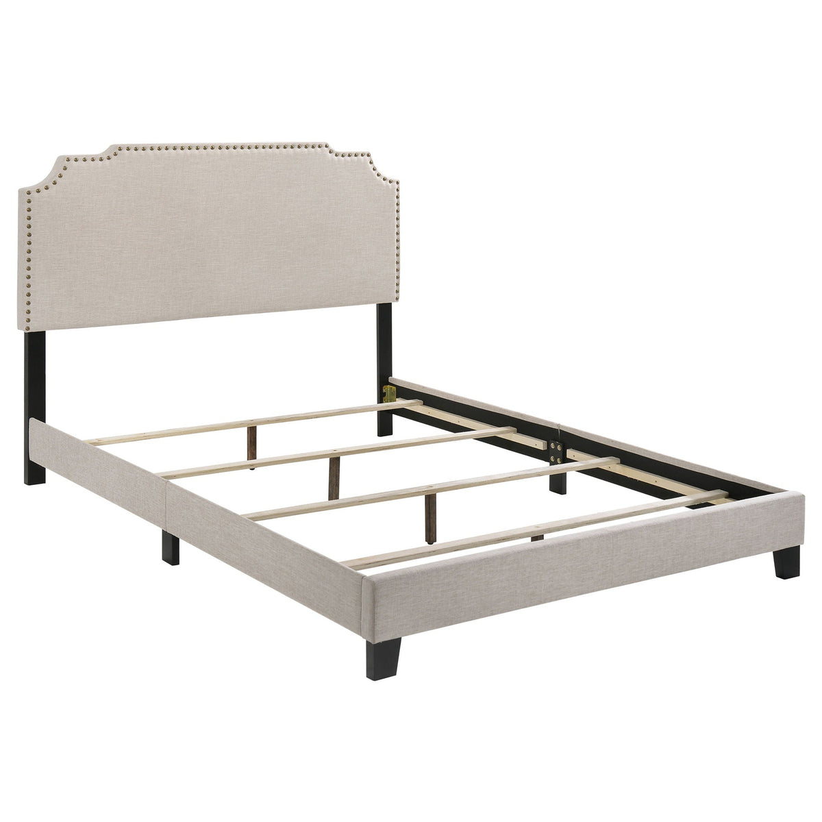 Copper Eastern King Panel Bed beige upholstered headboard with nailhead trim HouseOfZazla on Tampa Home & Garden Store