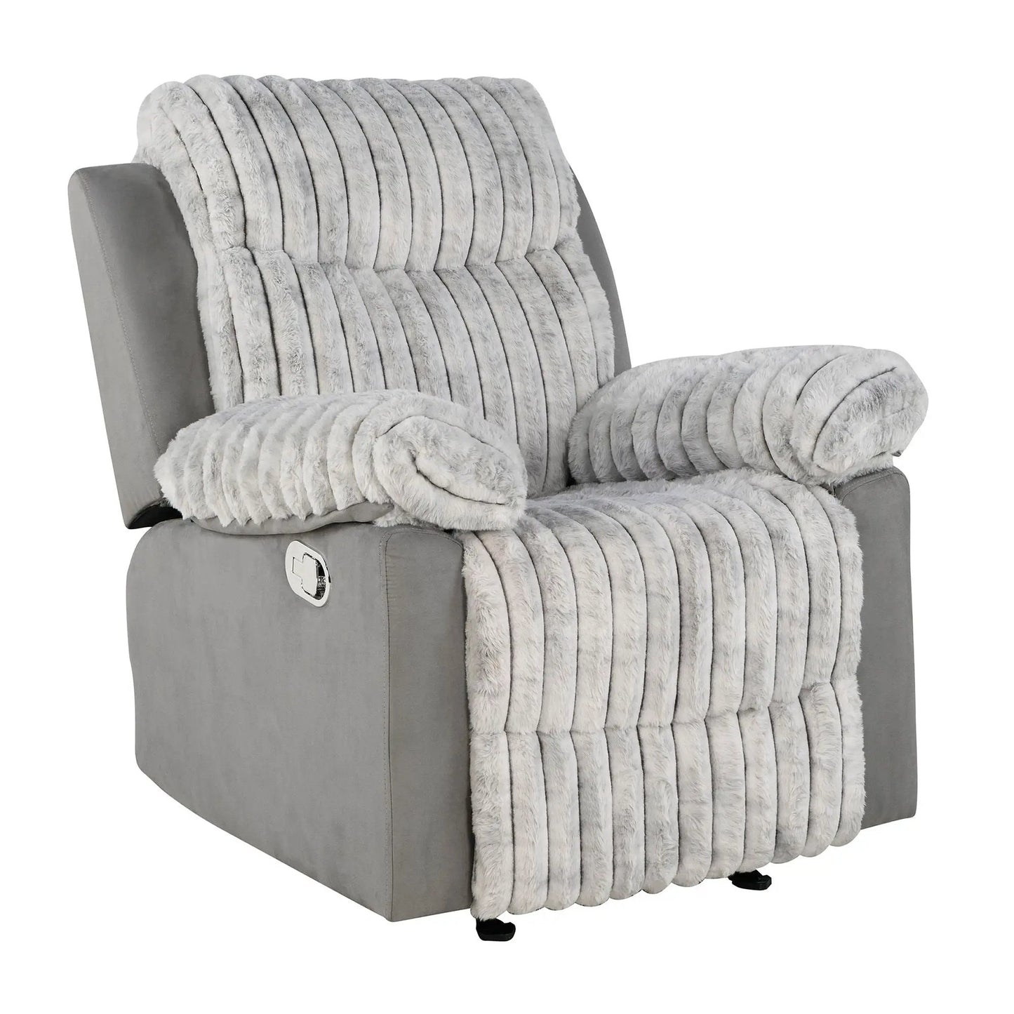 Bruni Glider Recliner with Manual Recline in soft gray faux fur upholstery on Tampa Home & Garden Store