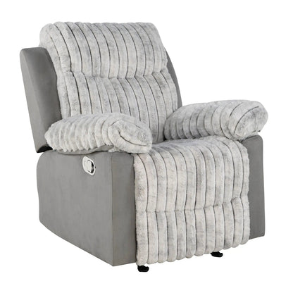 Bruni Glider Recliner with Manual Recline in soft gray faux fur upholstery on Tampa Home & Garden Store