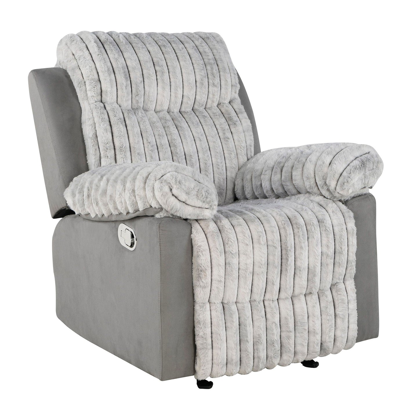 Bruni Glider Recliner with manual recline in grey faux leather and plush fur throw on Tampa Home & Garden Store