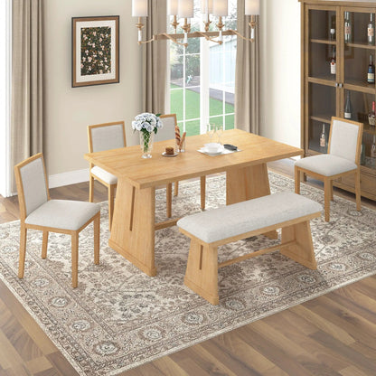 Dining set with rectangular oak table, 4 beige upholstered chairs and padded bench on Tampa Home & Garden Store