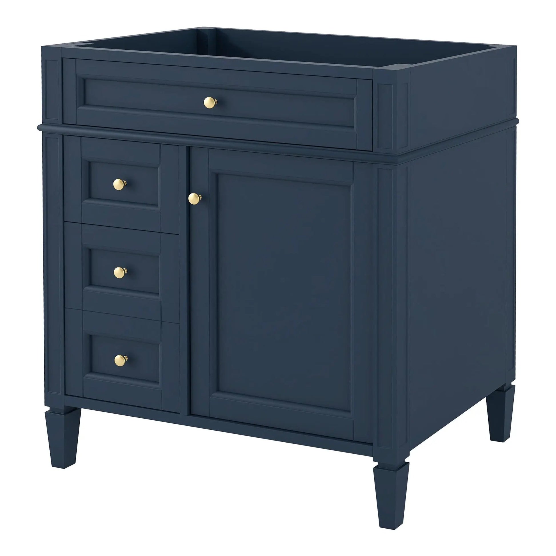 Bathroom vanity base with 2 drawers and tip-out drawer, navy finish, brass knobs on Tampa Home & Garden Store