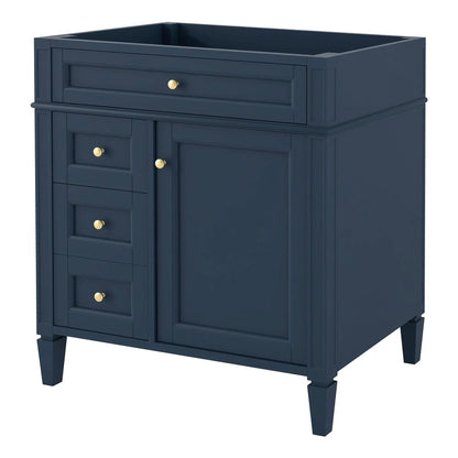 Bathroom vanity base with 2 drawers and tip-out drawer, navy finish, brass knobs on Tampa Home & Garden Store
