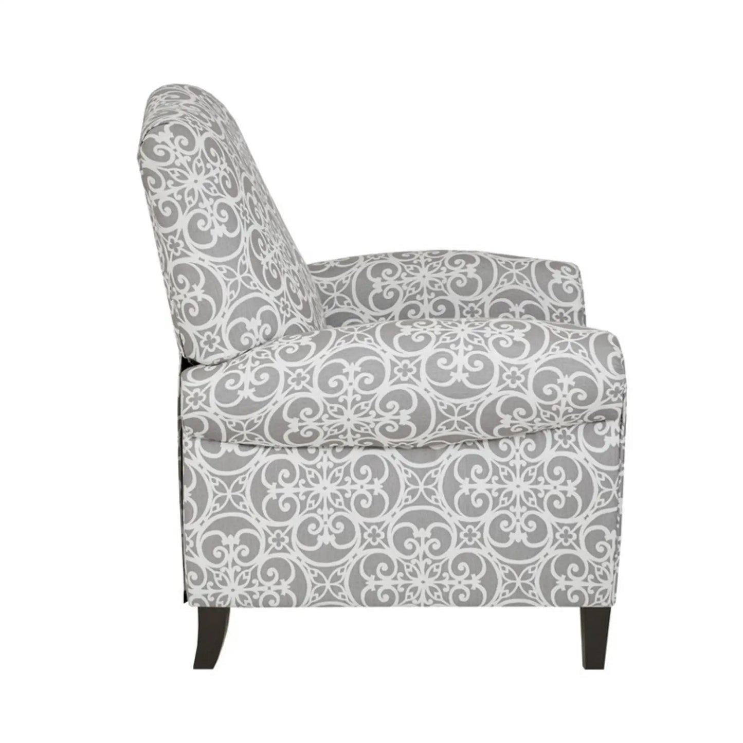 Kirby transitional push-back recliner in gray damask fabric with dark wood legs on Tampa Home & Garden Store