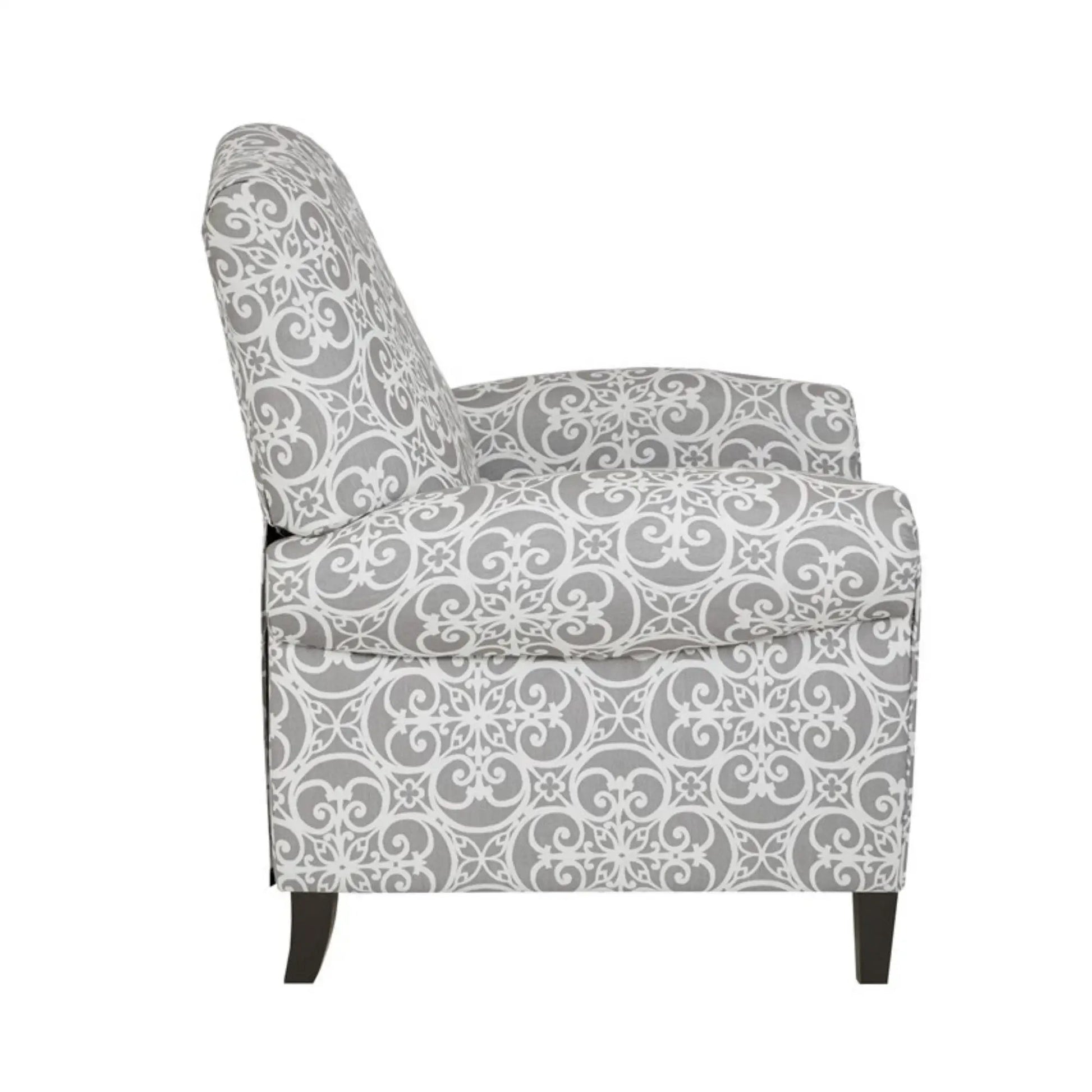 Kirby transitional push-back recliner in gray damask fabric with dark wood legs on Tampa Home & Garden Store