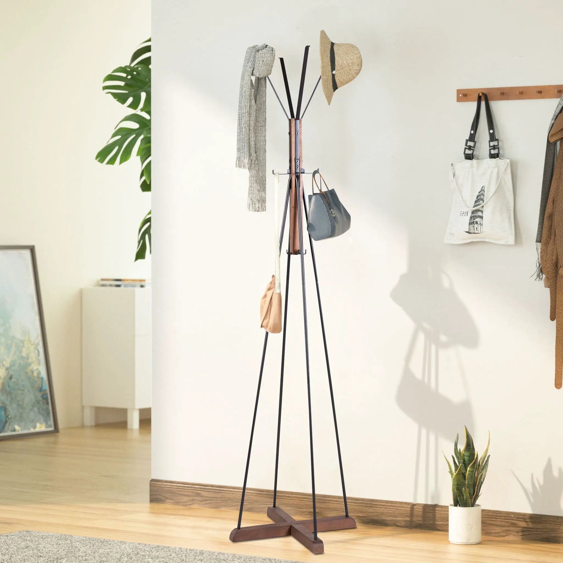 Reclaimed wood and black metal freestanding coat rack with multiple hooks, natural finish on Tampa Home & Garden Store