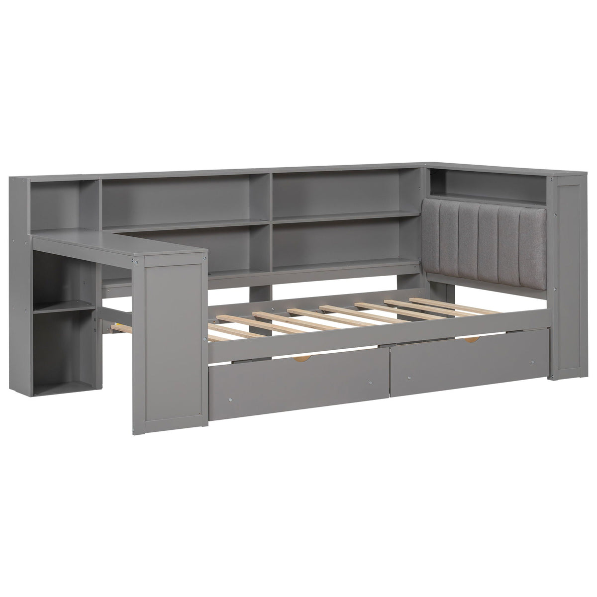 Platform bed in gray with shelves, drawers and padded headboard by HouseOfZazla on Tampa Home & Garden Store