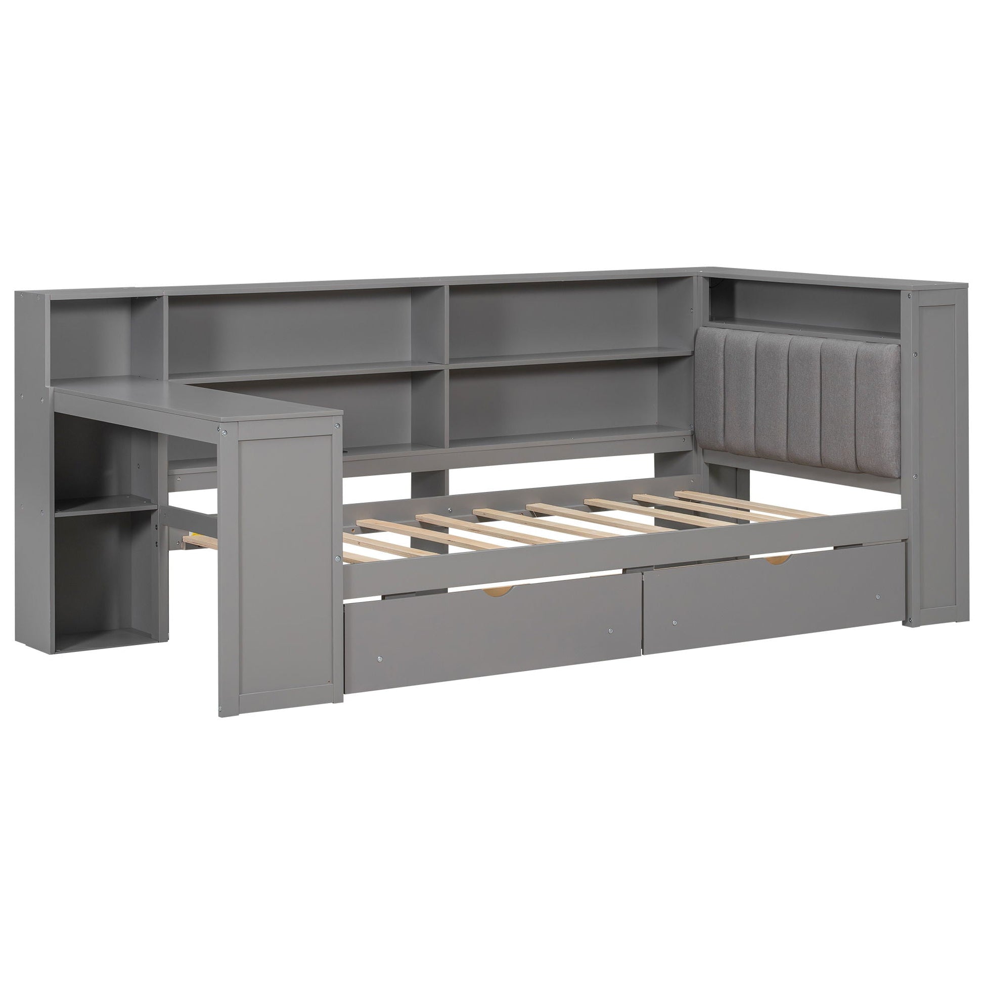 Platform bed in gray with shelves, drawers and padded headboard by HouseOfZazla on Tampa Home & Garden Store