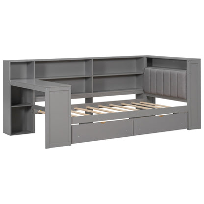 Platform bed in gray with shelves, drawers and padded headboard by HouseOfZazla on Tampa Home & Garden Store
