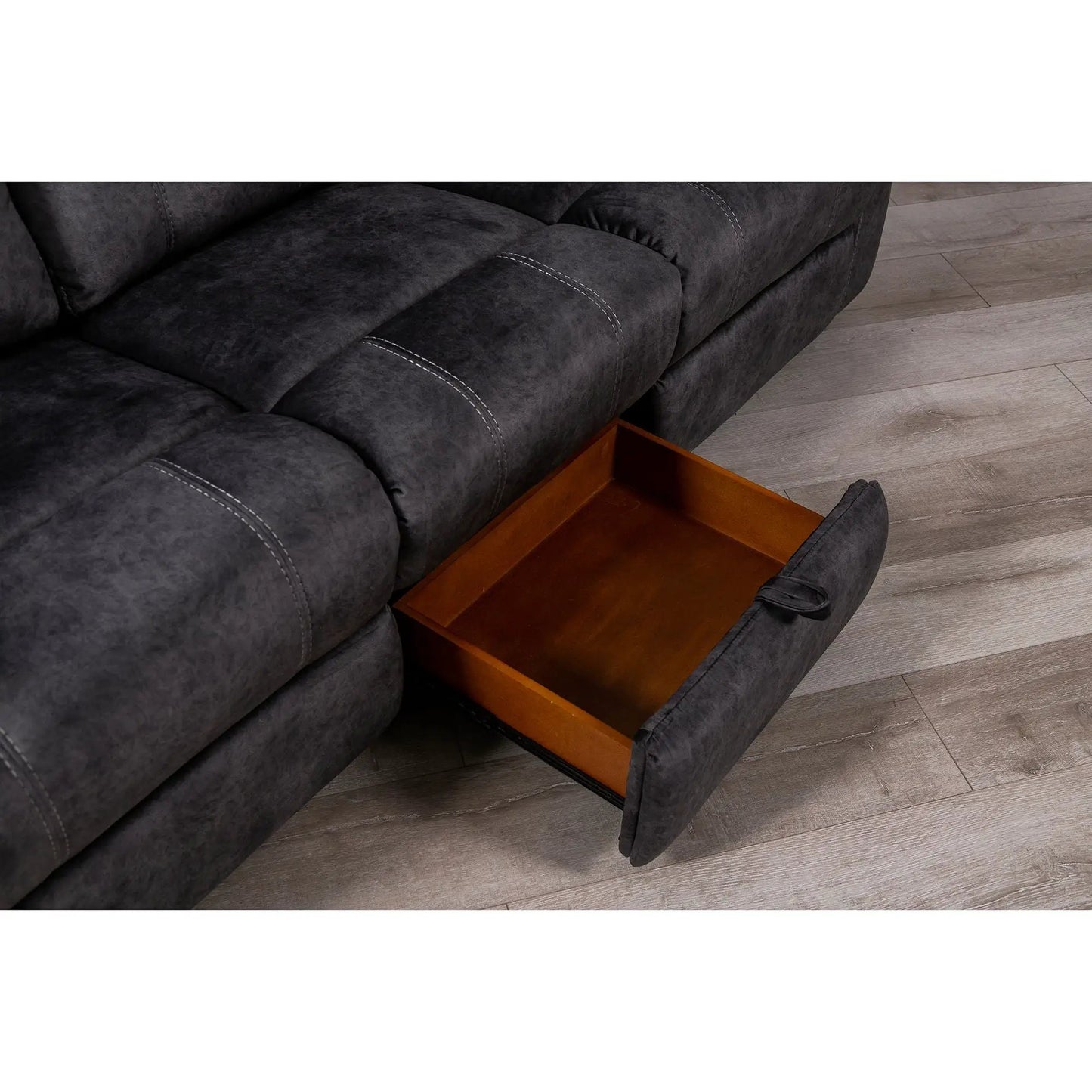 Sonet Domino reclining sofa in dark gray fabric with white stitching and wooden tray on Tampa Home & Garden Store