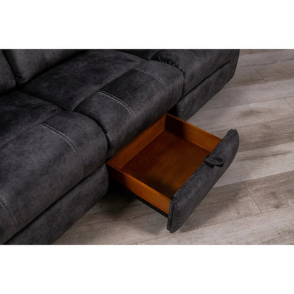 Sonet Domino reclining sofa in dark gray fabric with white stitching and wooden tray on Tampa Home & Garden Store